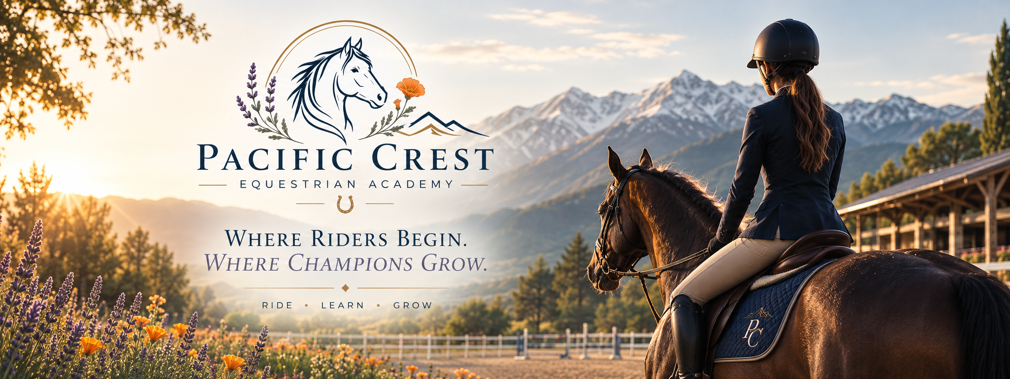 A woman riding a horse at sunset with mountains in the background, promoting Pacific Crest Equestrian Academy with a logo of a horse's head and mountains, and tagline 'Where Riders Begin. Where Champions Grow.'