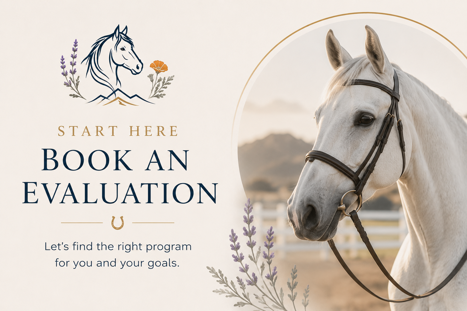 A white horse with a black bridle standing outdoors on a sunny day with mountains in the background, surrounded by a floral design featuring purple flowers, along with text about booking an evaluation for an equine program.