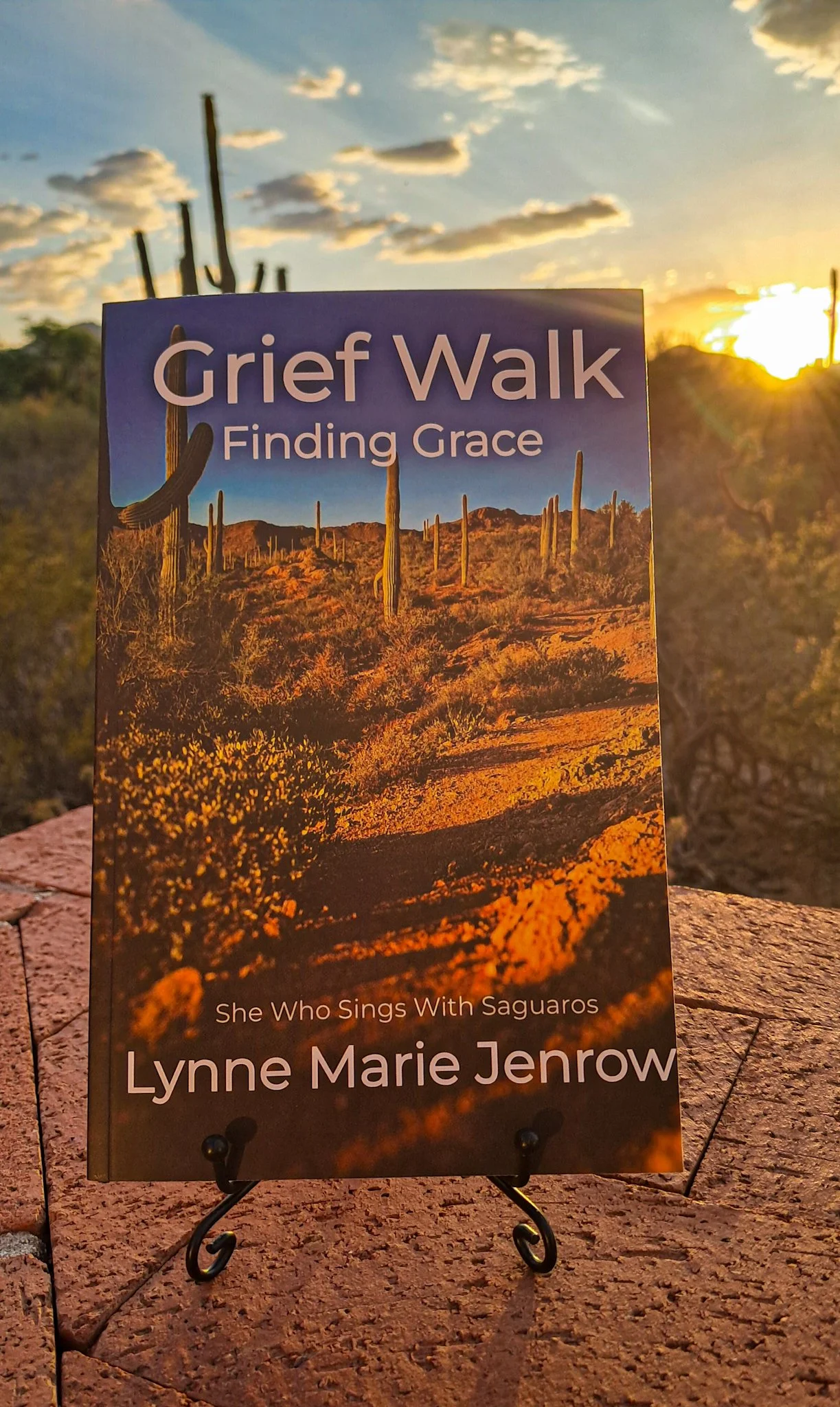 A book titled "Grief Walk: Finding Grace" by Lynne Marie Jenrow is displayed outdoors on a stand, against a backdrop of a sunset with a desert landscape featuring cacti and rocky terrain.