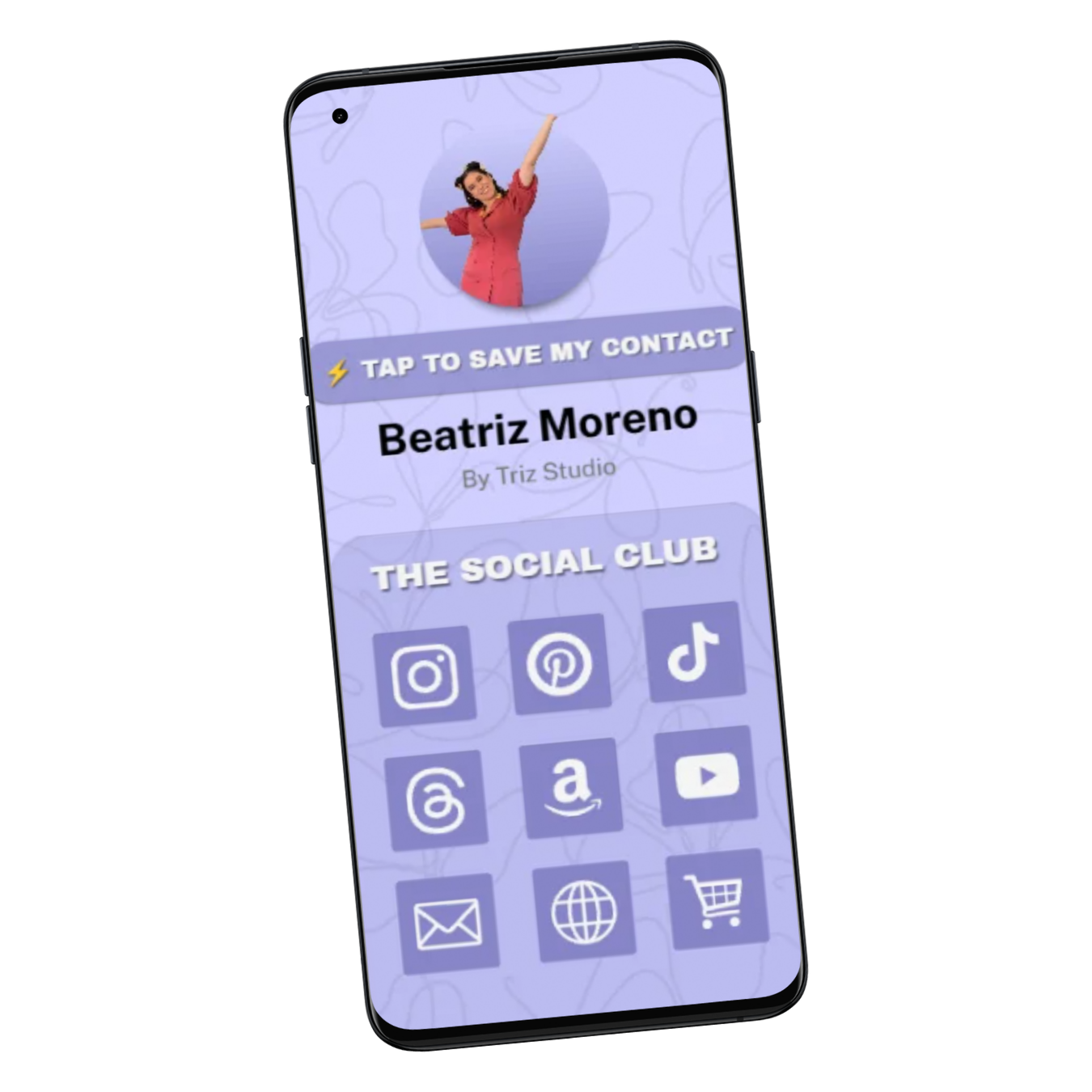 Smartphone screen showing a contact card for Beatriz Moreno with social media icons for Instagram, Pinterest, TikTok, Facebook, Amazon, YouTube, email, website, and shopping cart.