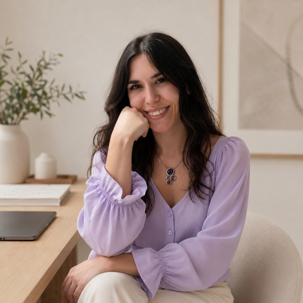 A woman with dark brown hair and a purple blouse sitting at a desk, smiling, with her chin resting on her hand in a bright, modern office setting.