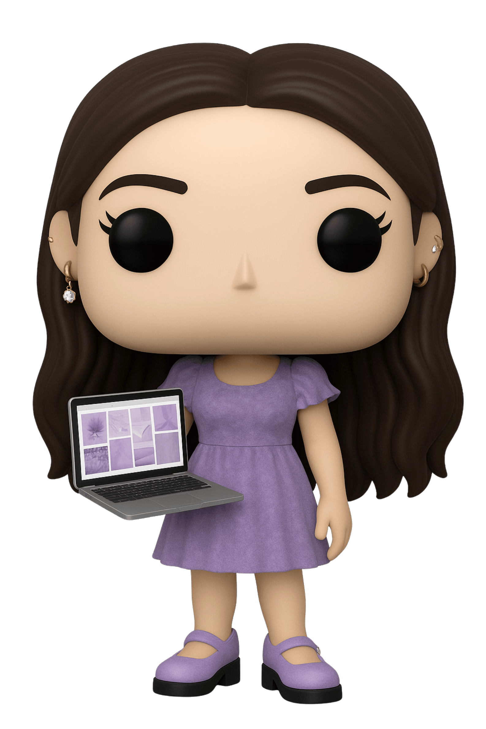 A stylized cartoon girl Funko Pop style with long brown hair, gold earrings, and a purple dress, holding a laptop displaying graphic images.
