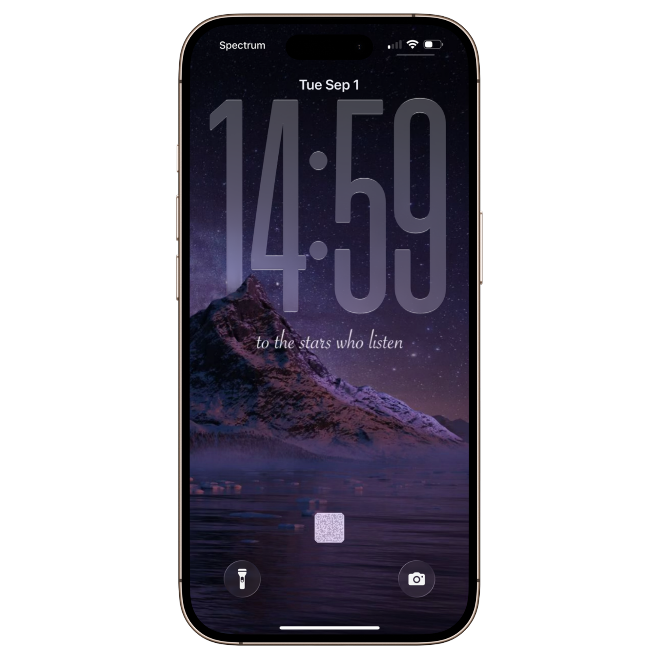An iPhone display showing a mountain and starry night background with the time 14:50 and date T, 'to the stars who listen,' and icons for flashlight and camera, and a QR code on the bottom.