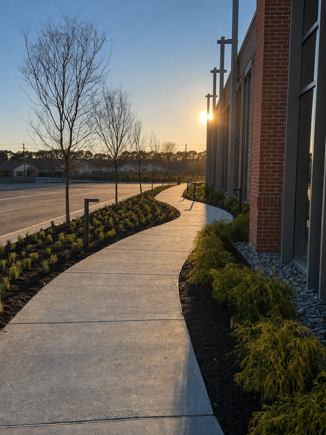 A sidewalk curves alongside a building with brick walls and large glass windows, illuminated by the setting sun. There are small trees without leaves and landscaped plants along the sidewalk with a distant row of houses and trees in the background.