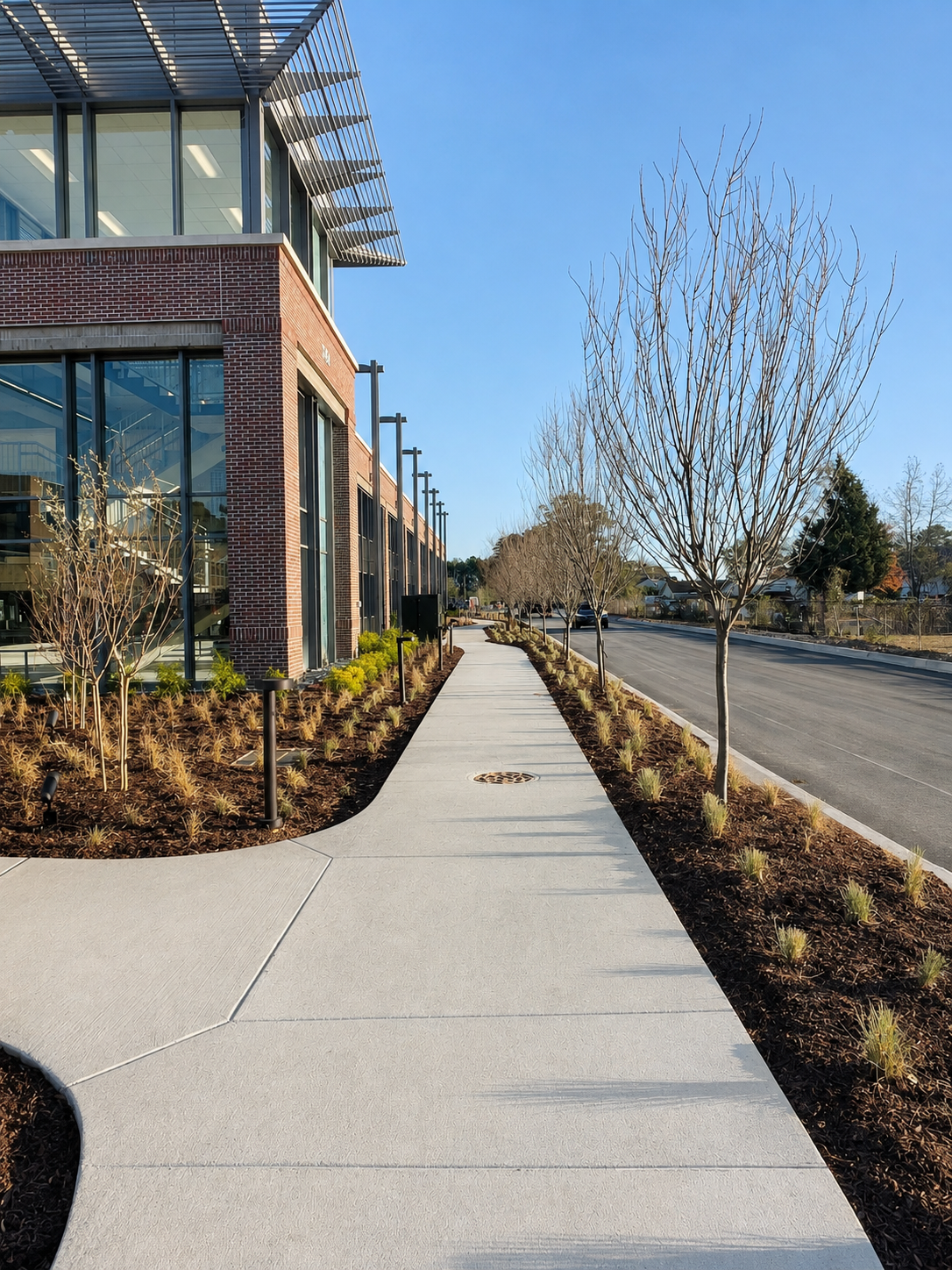 Sidewalk leading past a modern brick and glass building with leafless trees and landscaped plants along the street under a blue sky.