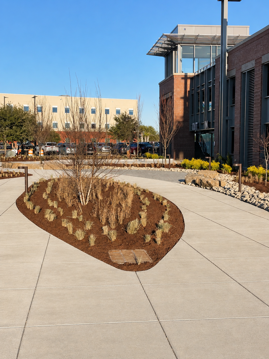 Modern outdoor patio with landscaped planting beds, small leafless trees, concrete walkways, and a brick and glass building in the background under a clear blue sky.