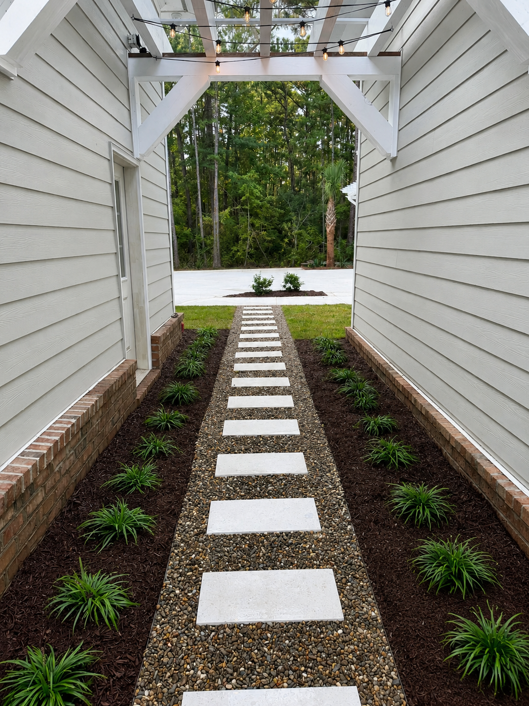 A pathway with white stepping stones set in gravel runs between two white house walls. Small green plants line each side of the pathway, and string lights hang above. At the end of the pathway, there is a lawn and a forest backdrop with trees and shrubs.