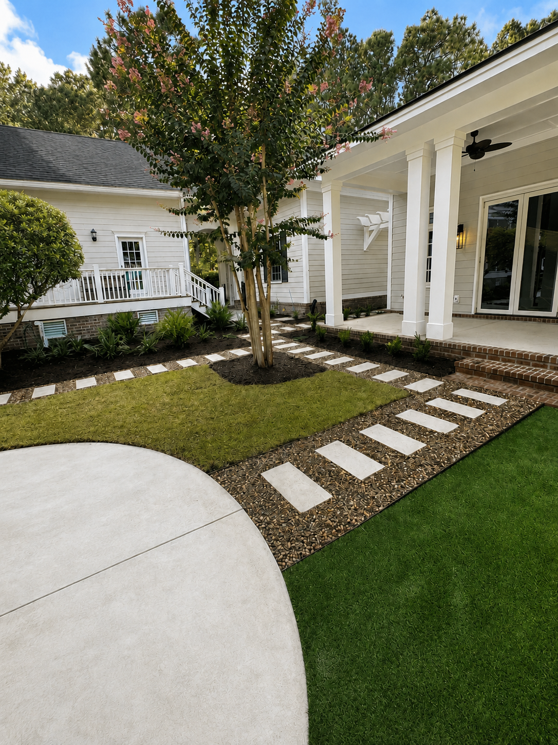 A landscaped backyard with a tree, a brick pathway, a small lawn, and a white house with a porch and outdoor ceiling fan.