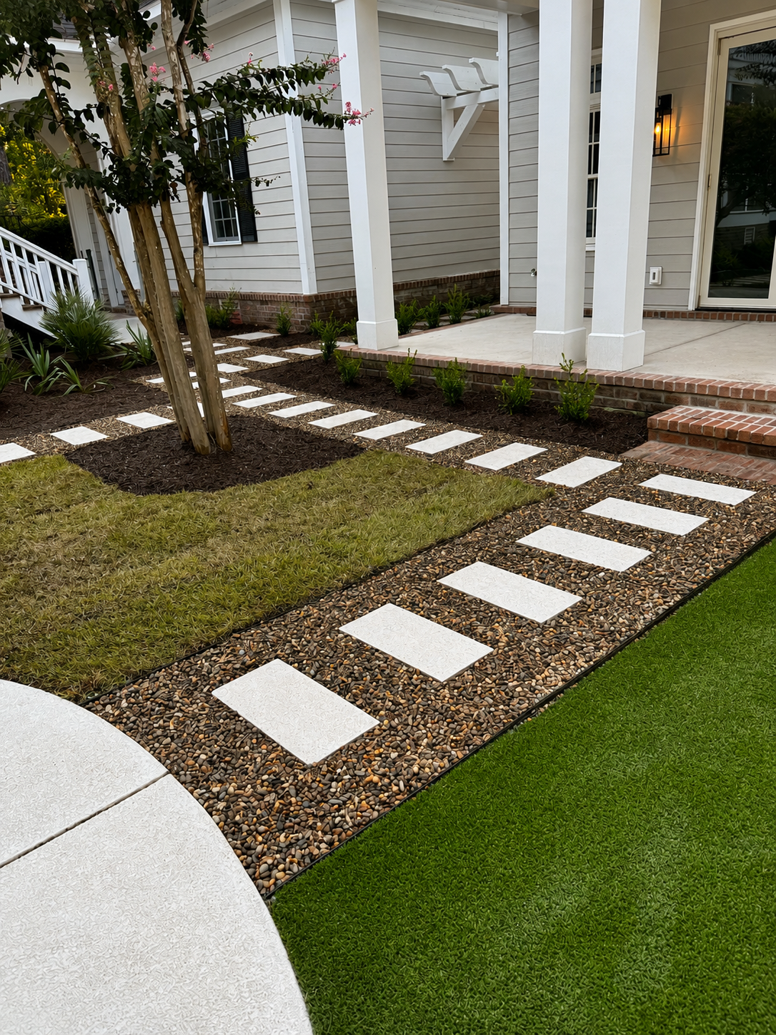 Front yard with a stepping stone sidewalk, garden bed with small plants, mature tree, and a porch area with columns and brick stairs in front of a house.