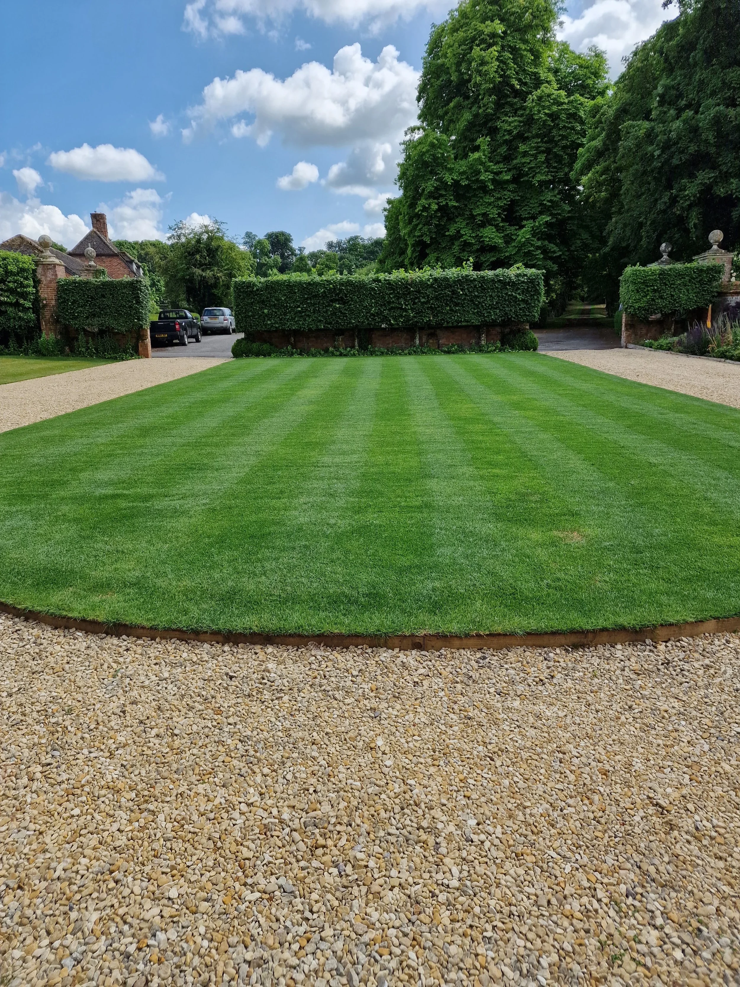 A landscaped yard with a striped green lawn, gravel pathways on each side, and tall green trees behind a hedge in a sunny outdoor area.