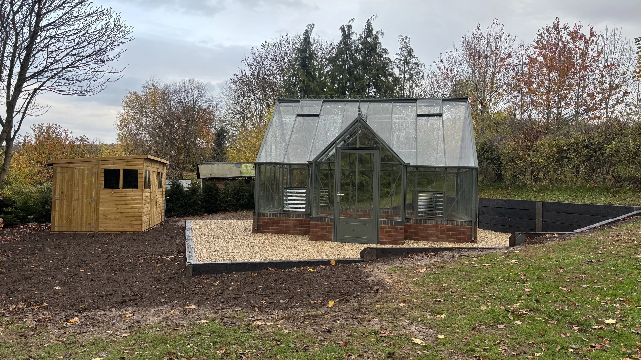 A backyard garden with a wooden shed, a greenhouse, and a gravel path, surrounded by trees with autumn foliage.