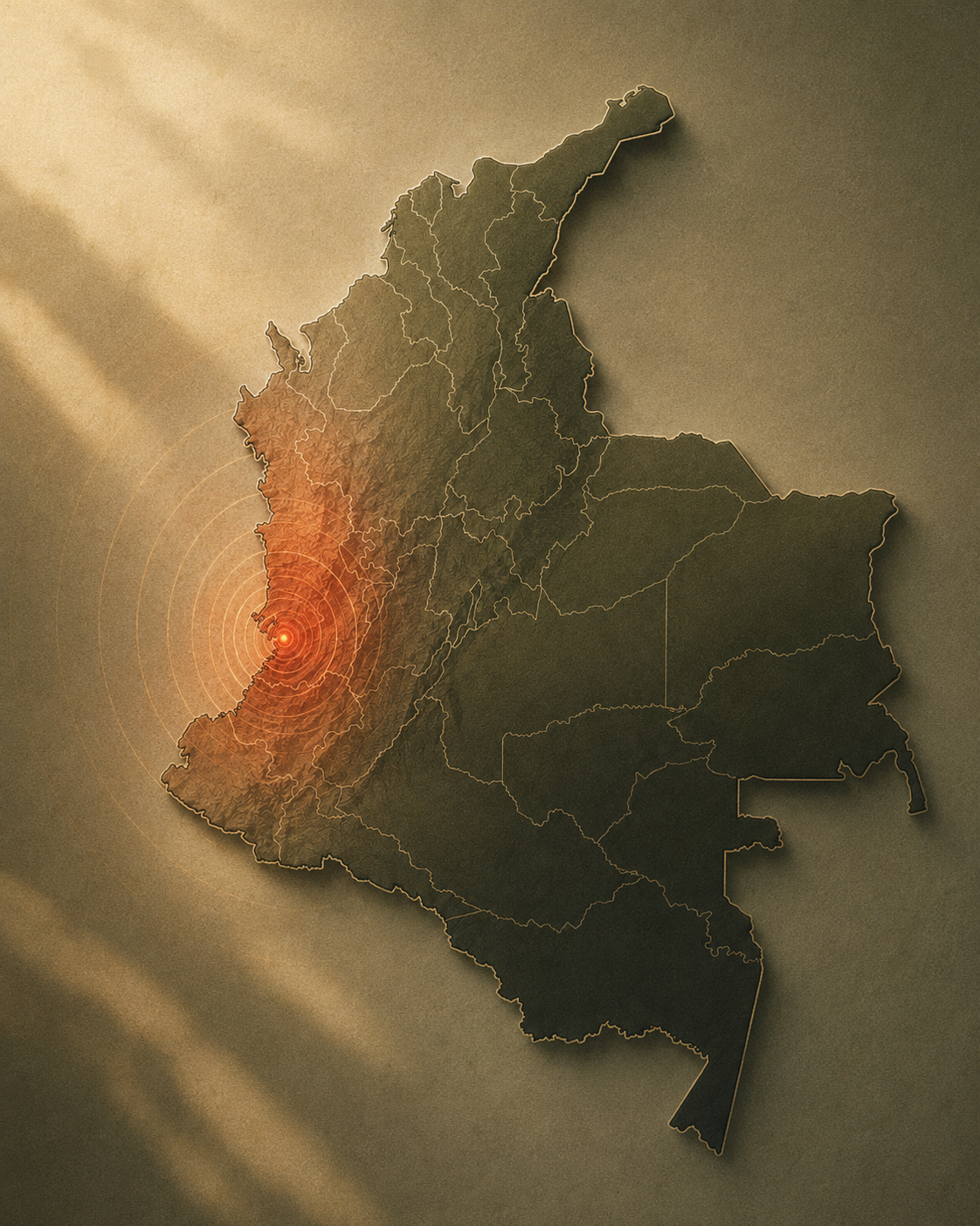 Mapa de Colombia con centro de concentración de actividad sísmica en la región del Valle del Cauca, con círculos concéntricos en color naranja que indican una posible zona de terremoto.