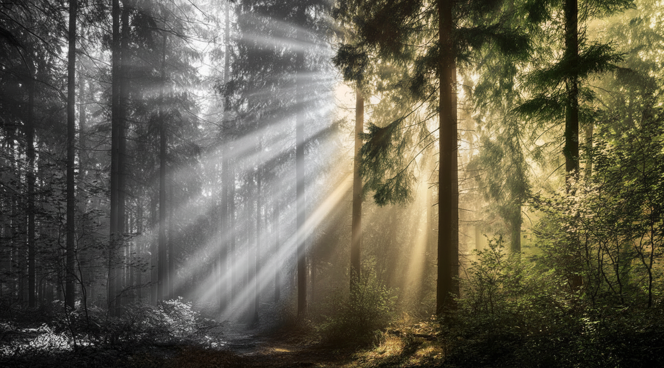 Sunlight filtering through trees in a dense forest symbolizing enlightenment
