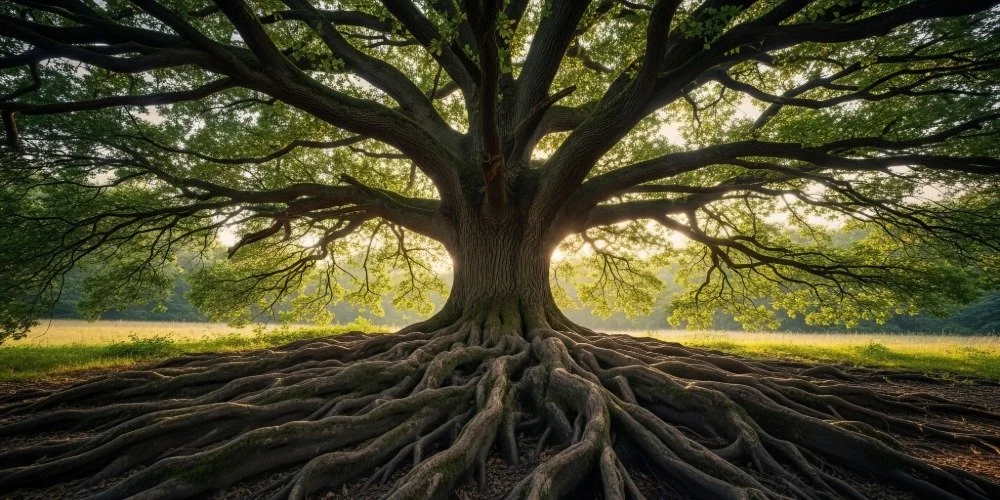 A tree grounded in it's roots and flouring leaves representing Human First and we are all interconnected