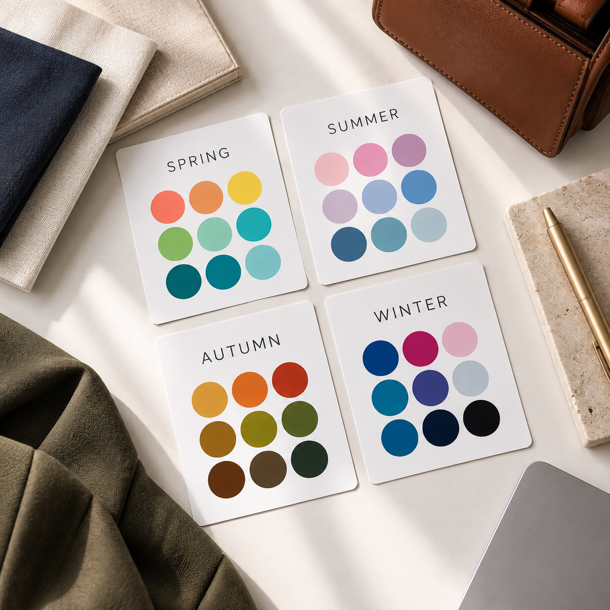 Color palette cards labeled with seasons: Spring, Summer, Autumn, Winter, each showing different color swatches.