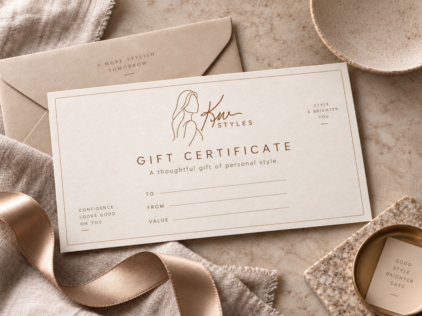 A gift certificate for a personal styling service, placed on a beige surface with decorative bowls and ribbons. The certificate features a line drawing of a woman, the brand name 'Kara Styles,' and text indicating it is a thoughtful gift of personal style.