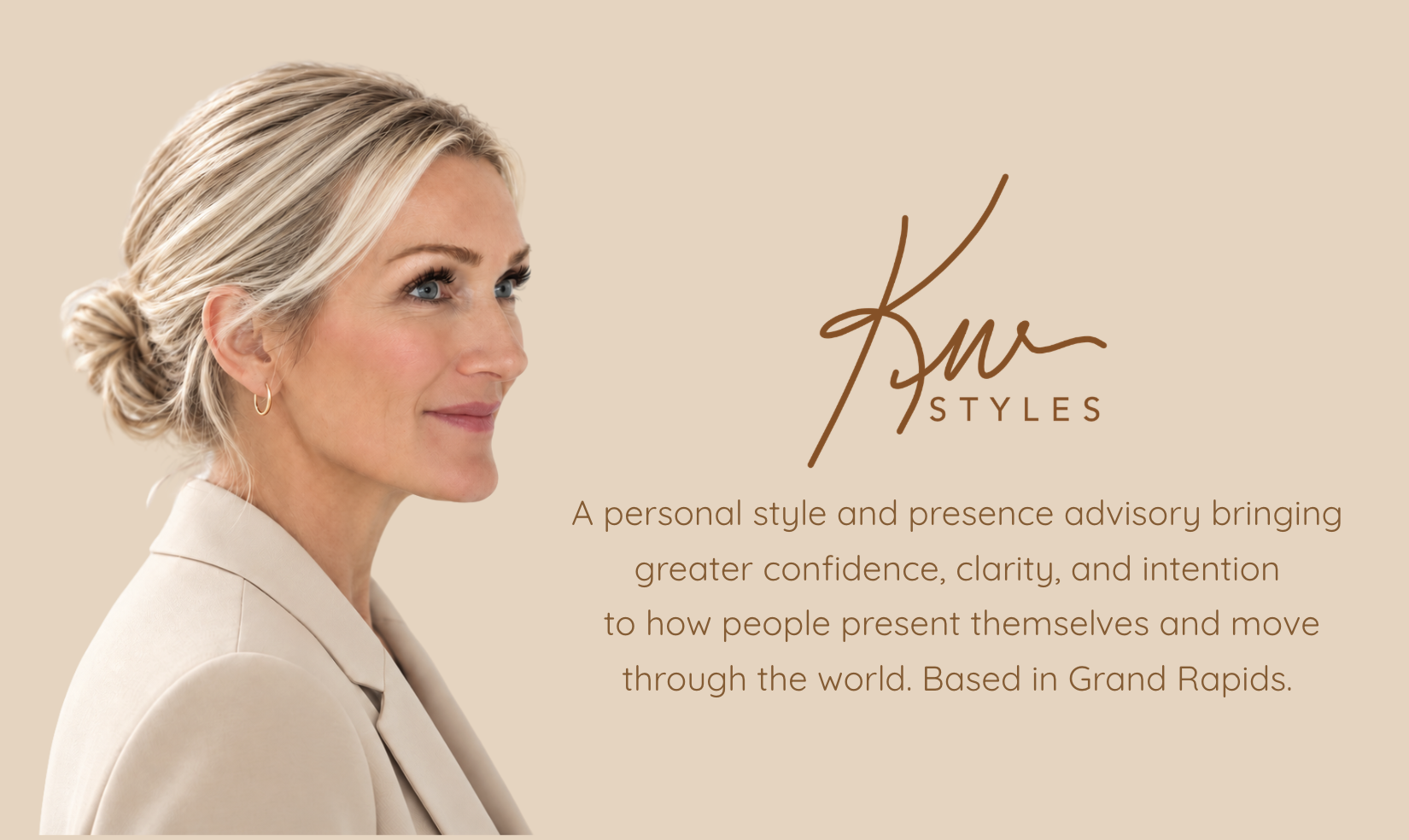 A professional woman with blonde hair styled in a low bun, wearing a beige blazer and small hoop earrings, looking to her left against a beige background. To the right, text reads "Kara Styles," followed by a description of her personal style and presence advisory services.