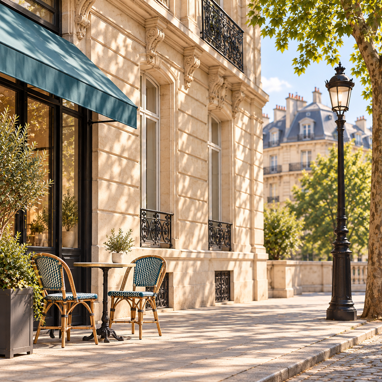 Parisian street café patio with two chairs and a table, surrounded by trees and classic Haussmann-style buildings, under a blue sky.