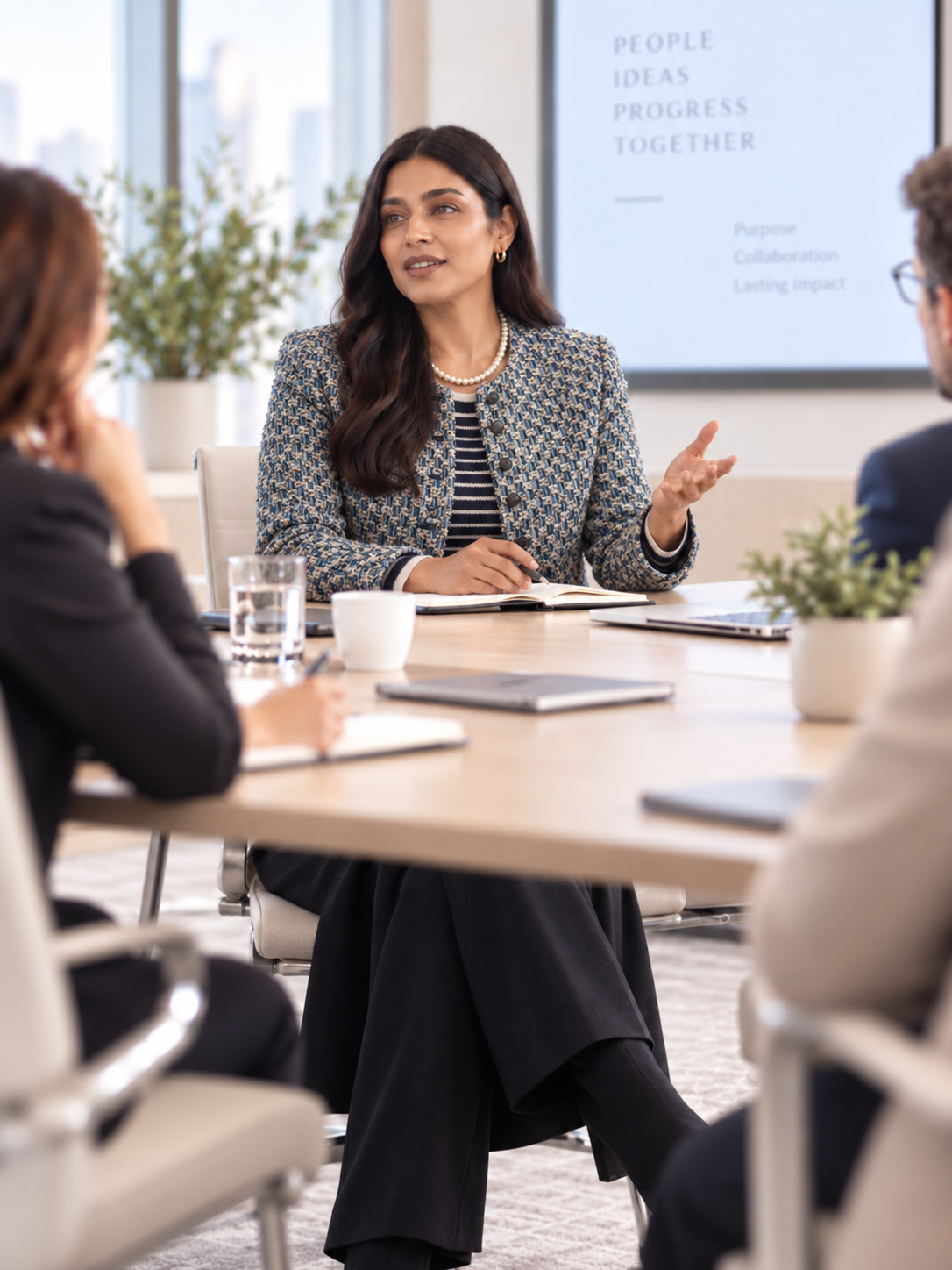 Businesswoman in a business meeting, speaking, with a presentation slide in the background that reads 'People Ideas Progress Together'.