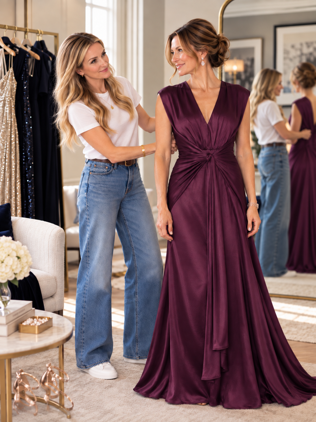 Two women in a dressing room, one in a casual white t-shirt and jeans assisting the other in a purple evening gown, with clothing racks and framed photos in the background.