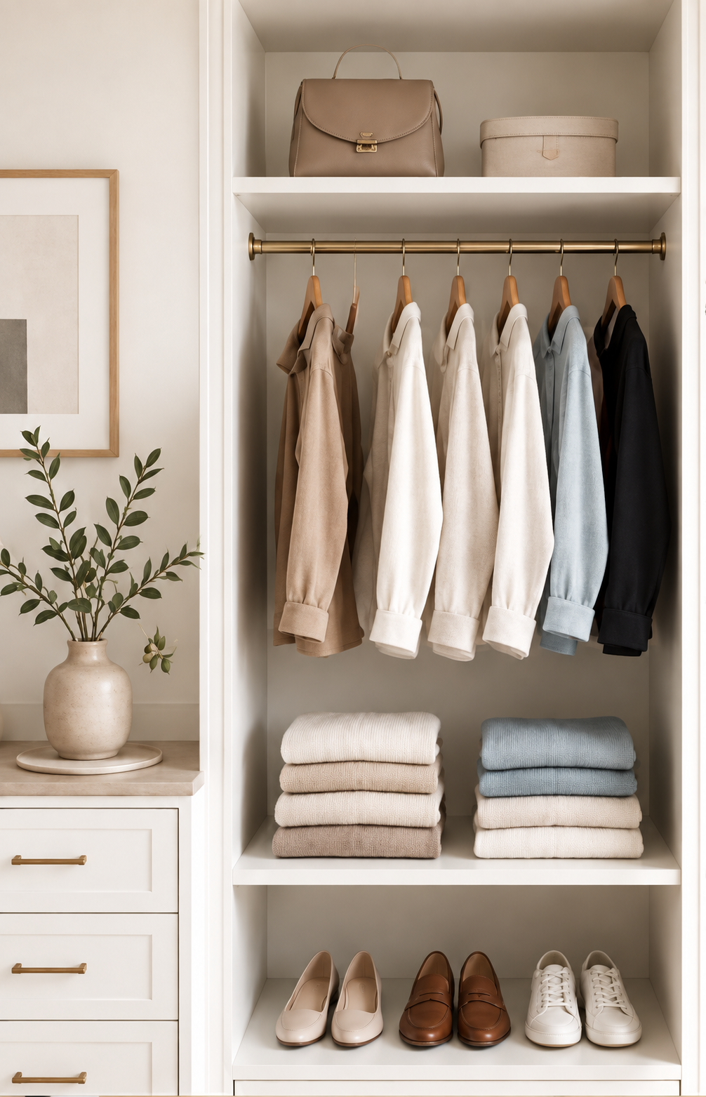A neatly organized closet with hanging sweaters in various neutral colors, folded sweaters on shelves, and different pairs of shoes at the bottom. A beige handbag and a round storage box are on the top shelf, and a plant in a white vase is on a nearby side table.