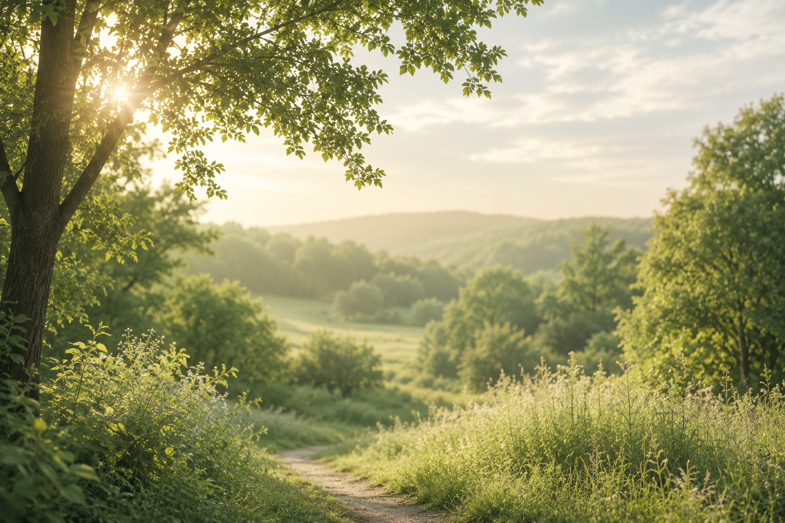 Sunshine filtering through trees along a grassy walking trail in a lush green landscape with rolling hills in the background.