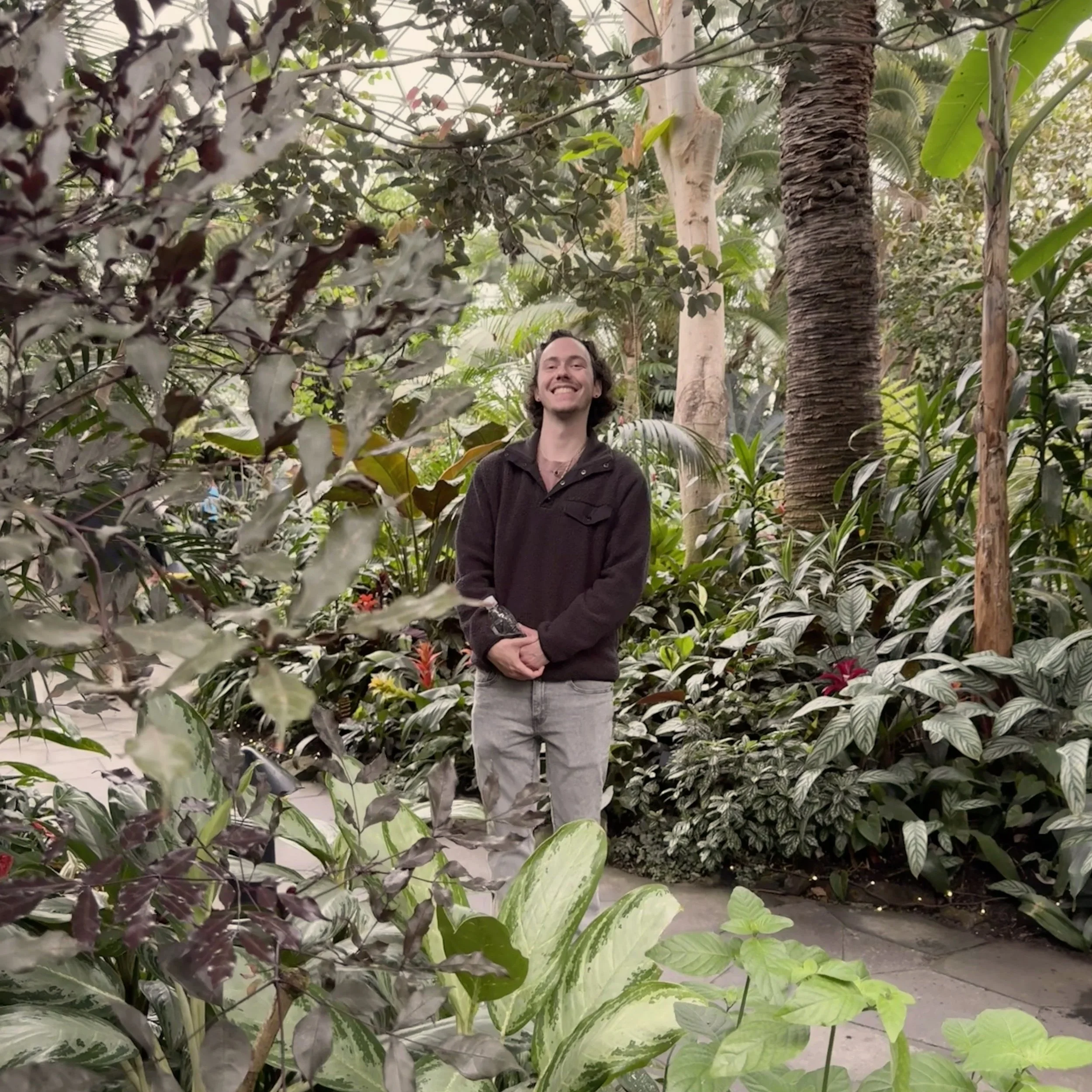 Smiling man standing among lush green indoor tropical plants in a conservatory or botanical garden.