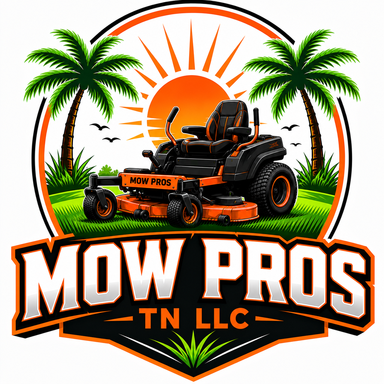 Logo for Mow Pros TN LLC featuring a riding lawn mower in front of a sunset with palm trees, birds, and green grass.