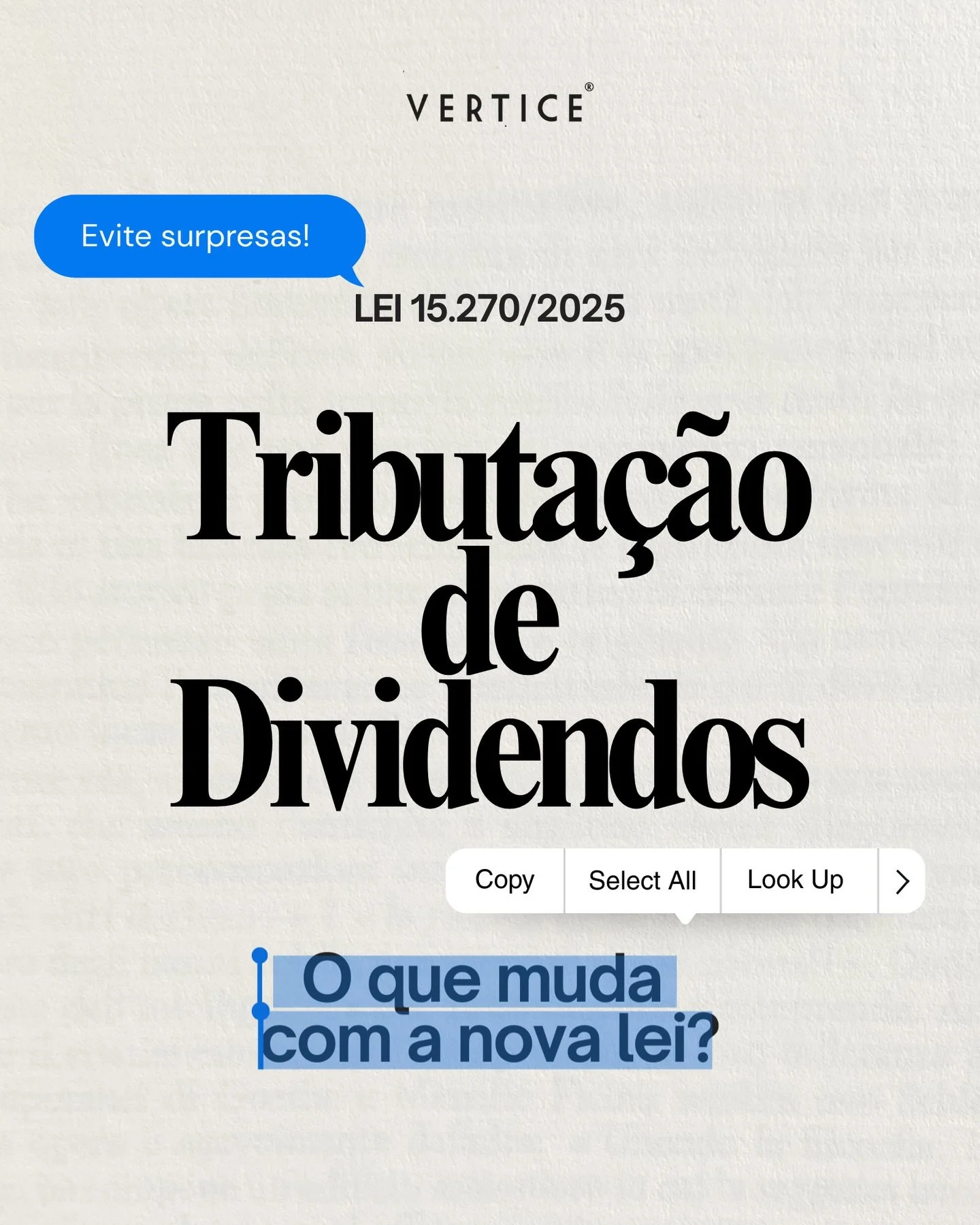 A tributa&ccedil;&atilde;o de dividendos est&aacute; mudando em 2026 e quem investe precisa se preparar. No carrossel de hoje, trazemos os pontos essenciais da nova lei e a&ccedil;&otilde;es pr&aacute;ticas para voc&ecirc; se organizar.
Tem d&uacute;