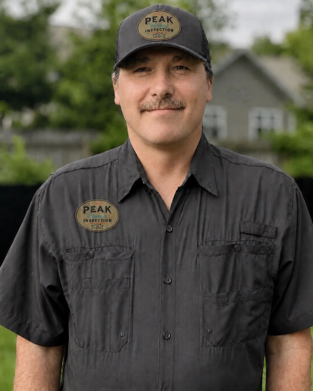 A man in a black uniform and cap with a badge reading 'Peak Home Inspection' standing outdoors with trees and a house in the background.