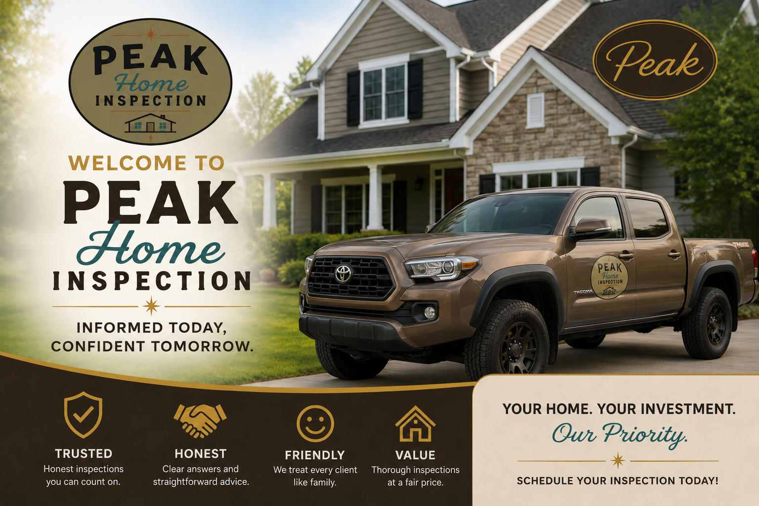 A home inspection service advertisement featuring a house with a pickup truck parked in the driveway, the truck has a logo for 'Peak Home Inspection' on the door, and the ad promotes trustworthy, honest, friendly, and value-based home inspections.