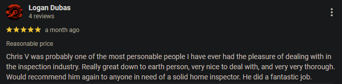 Screenshot of a Google review for Logan Dubas, giving five stars, praising Chris V as a personable, thorough, and reliable home inspector.