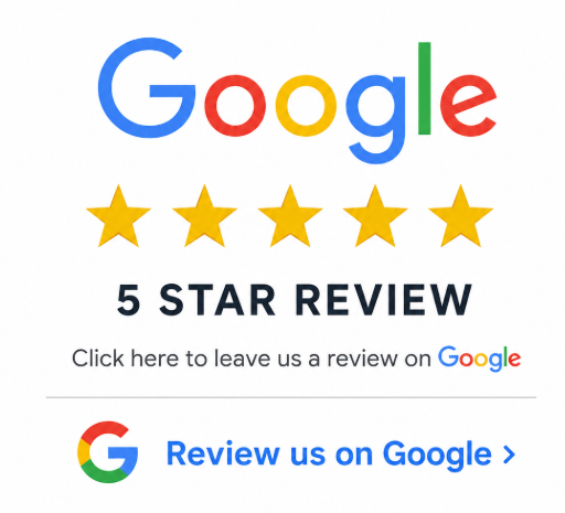Google logo with five gold stars and the text '5 Star Review' and a prompt to review on Google.