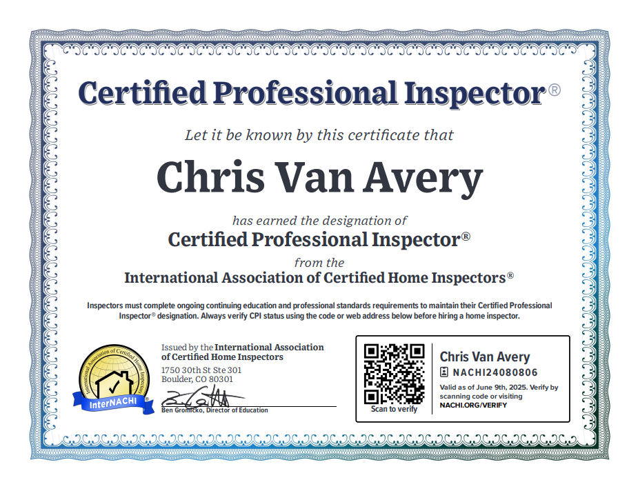 Certification certificate for Chris Van Avery, a Certified Professional Inspector, issued by the International Association of Certified Home Inspectors, featuring a QR code, a gold certification badge, and signatures.