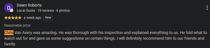 Screenshot of a customer review for Dawn Roberts' local guide profile, highlighting her five-star rating and positive feedback for a service provided by Chris Van Avery.