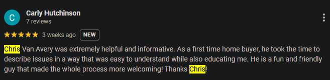Screenshot of a product review for Carly Hutchinson on an online platform, with a highlighted comment from Chris praising Van Avery for helpfulness and friendliness.
