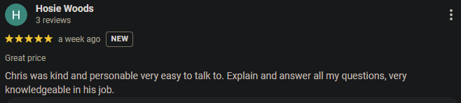 Screenshot of a positive customer review for Hosie Woods, including a five-star rating and comments about Chris's friendliness, knowledge, and helpfulness.