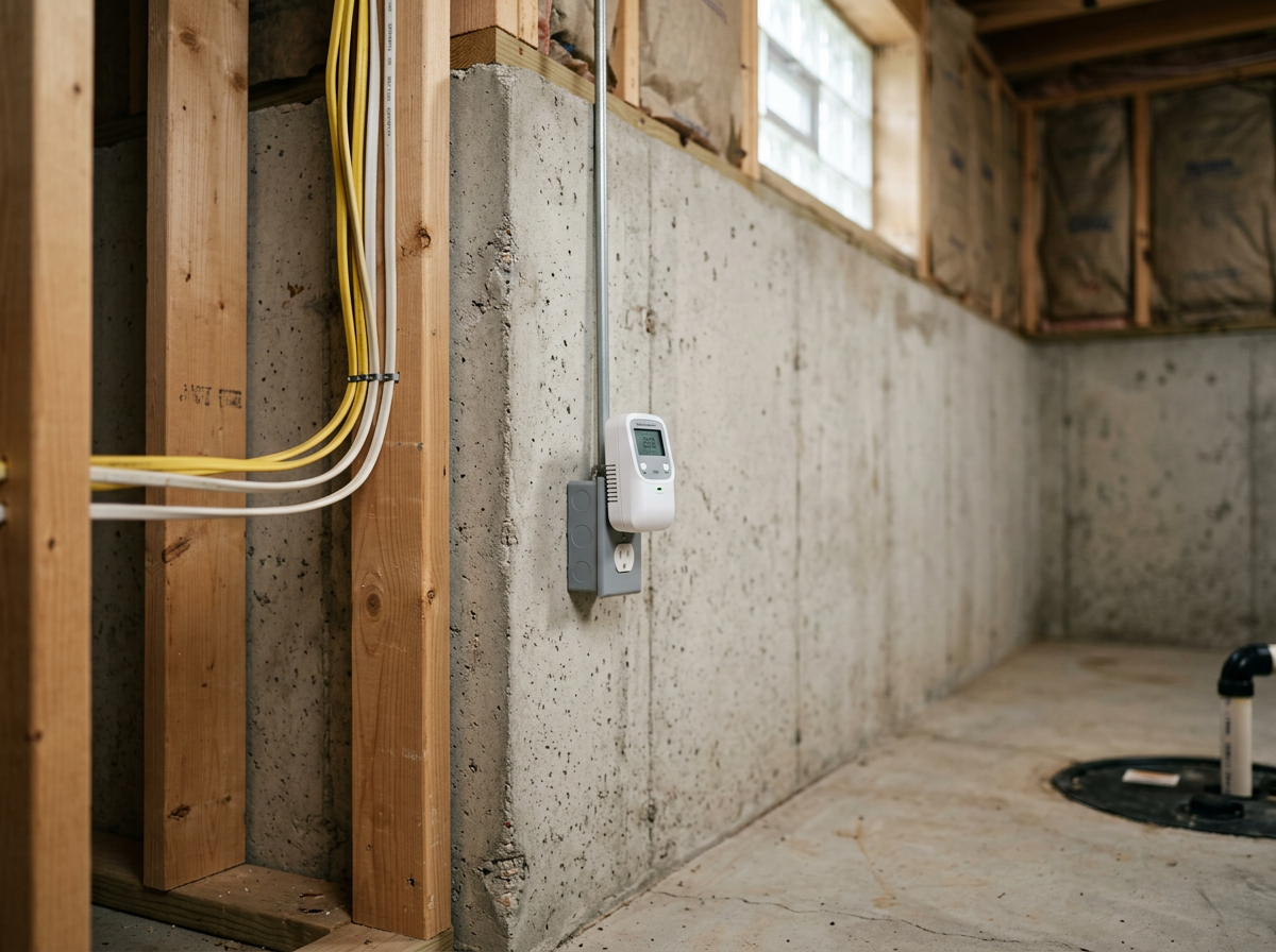 Interior view of a basement with exposed wooden framing, electrical wiring, a Wi-Fi extender, and a concrete wall.