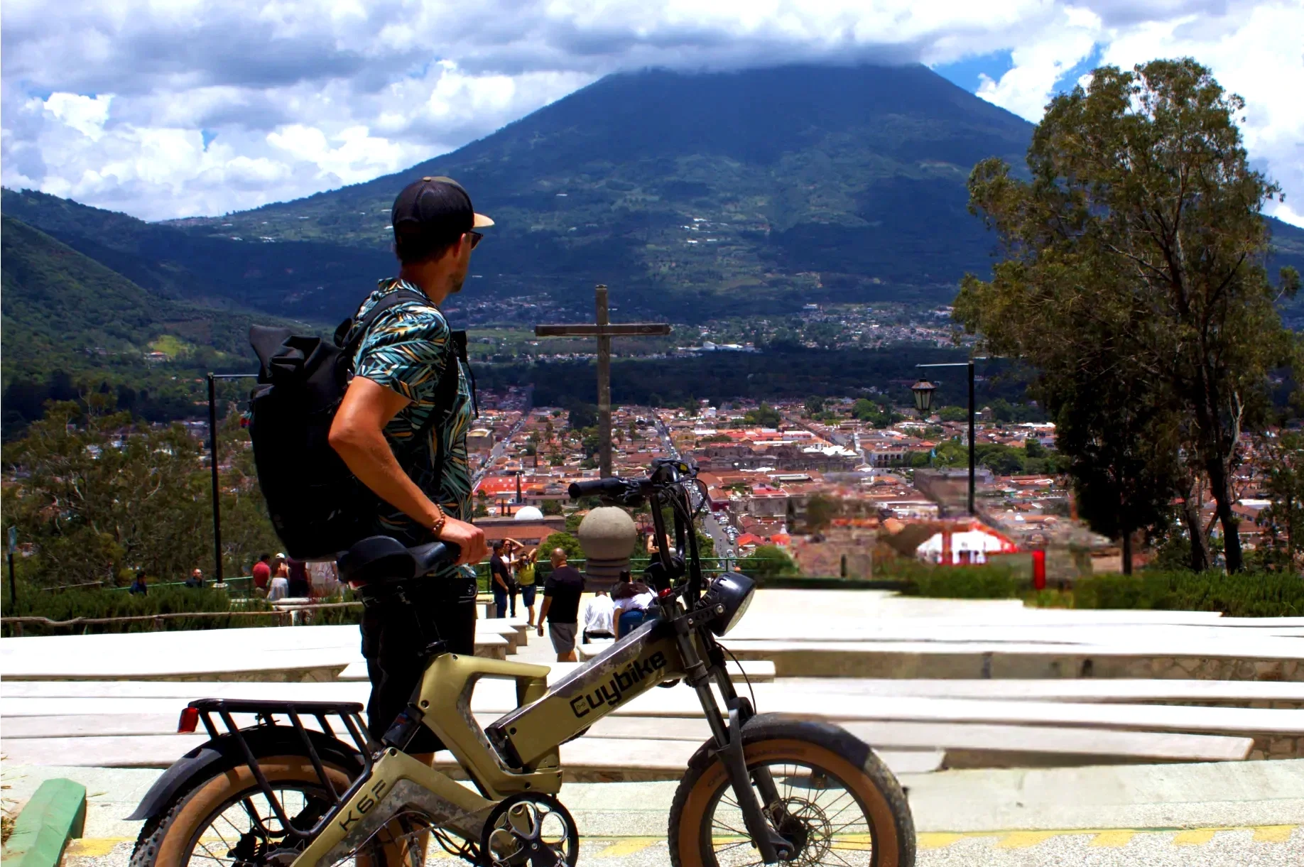 Panoramic view of Antigua Guatemala with e-bike in front