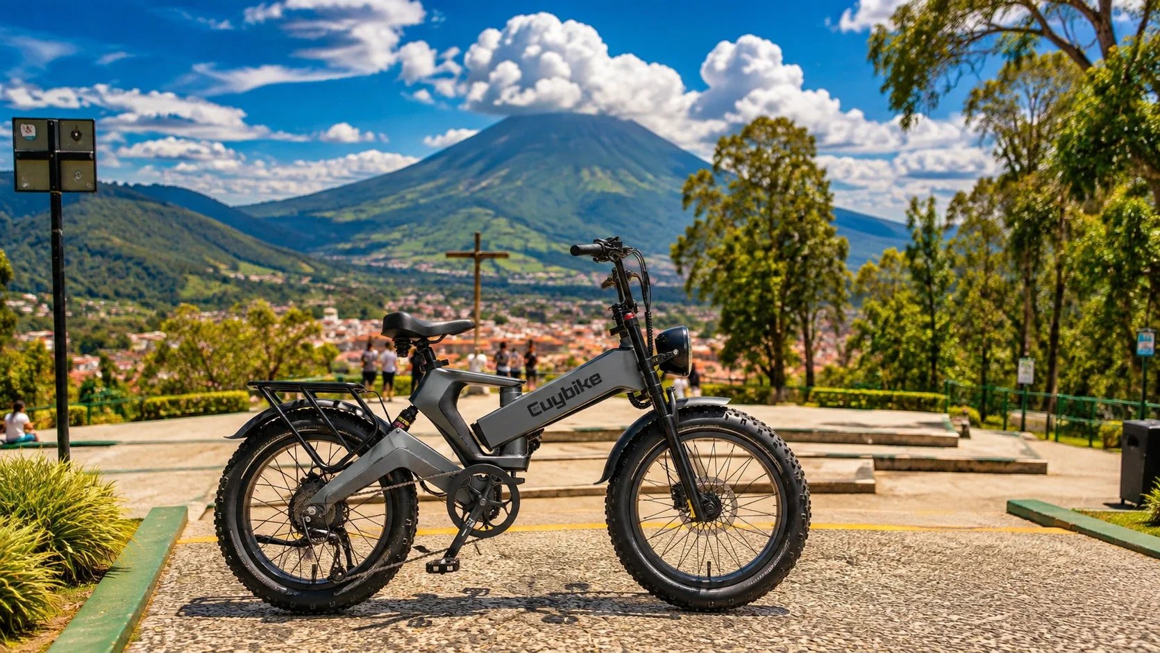 Electric bike in front of Cerro de la Cruz with views over Antigua