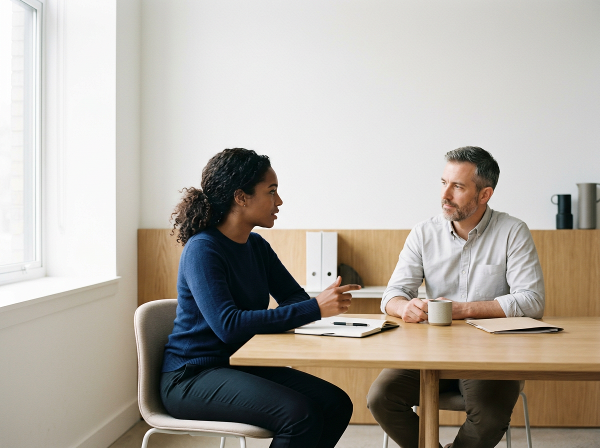 A woman and a man having a conversation in an office, sitting across from each other at a wooden table, with notebooks and a coffee mug on the table.