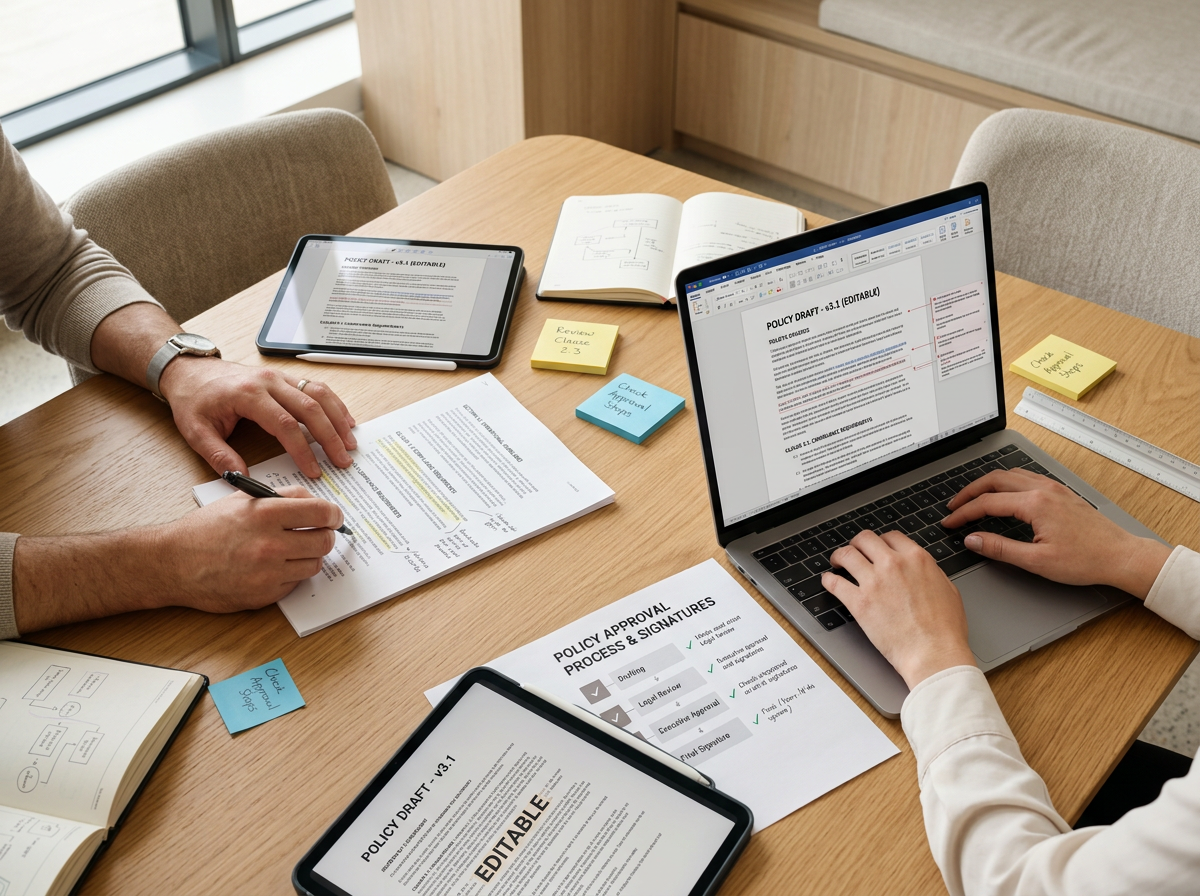 Workshop table with laptops, tablets, documents, sticky notes, and stationery, demonstrating collaborative document editing and review.