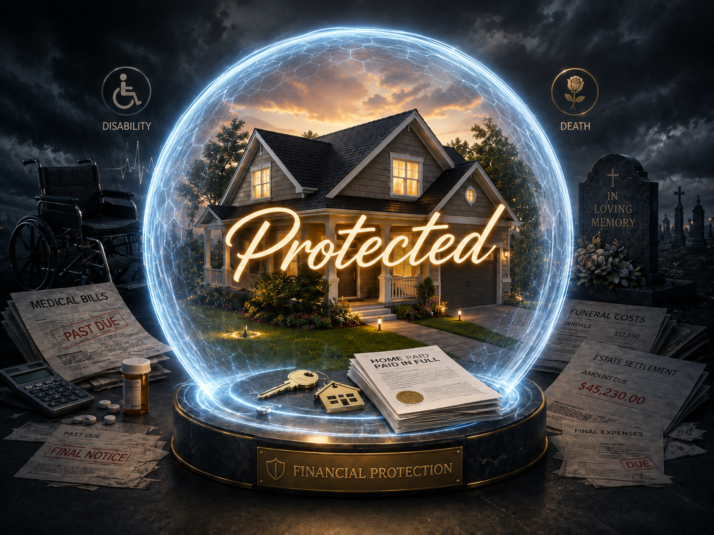 A house illuminated at sunset surrounded by documents, medical bills, funeral costs, estate settlement papers, and a wheelchair, all within a glowing digital sphere. The words 'Protected' and 'Financial Protection' are prominently displayed, indicating financial security for end-of-life and health expenses.