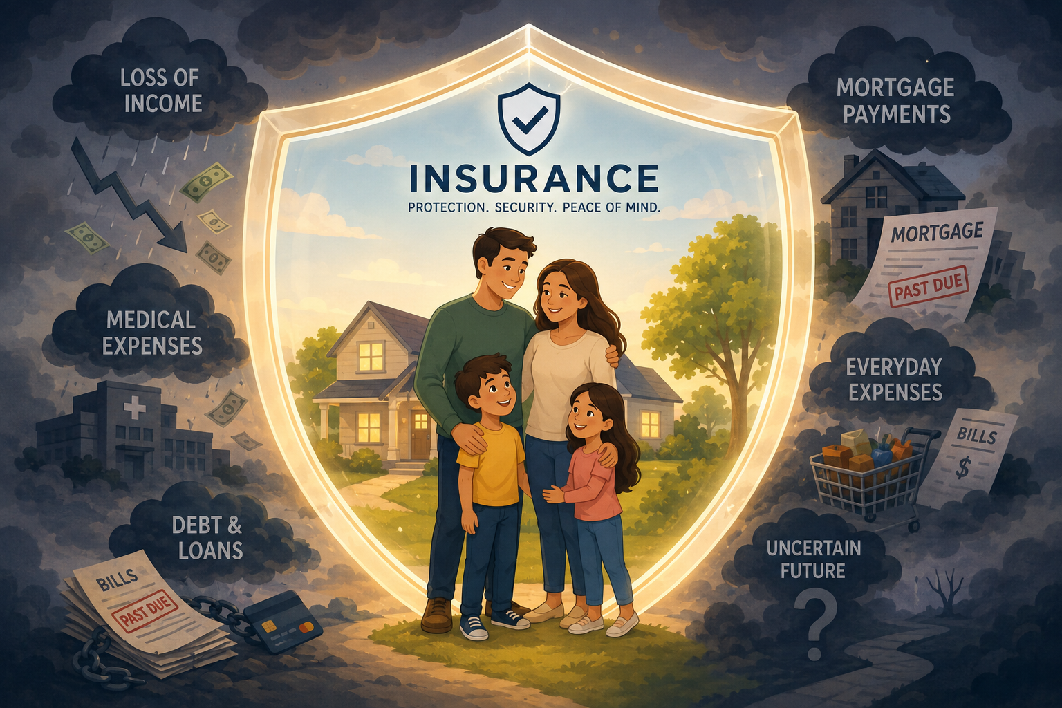A family of four standing in front of a house, surrounded by insurance-related illustrations including clouds of expenses, a past-due mortgage, and bills, with a shield symbol and the word 'INSURANCE' at the center