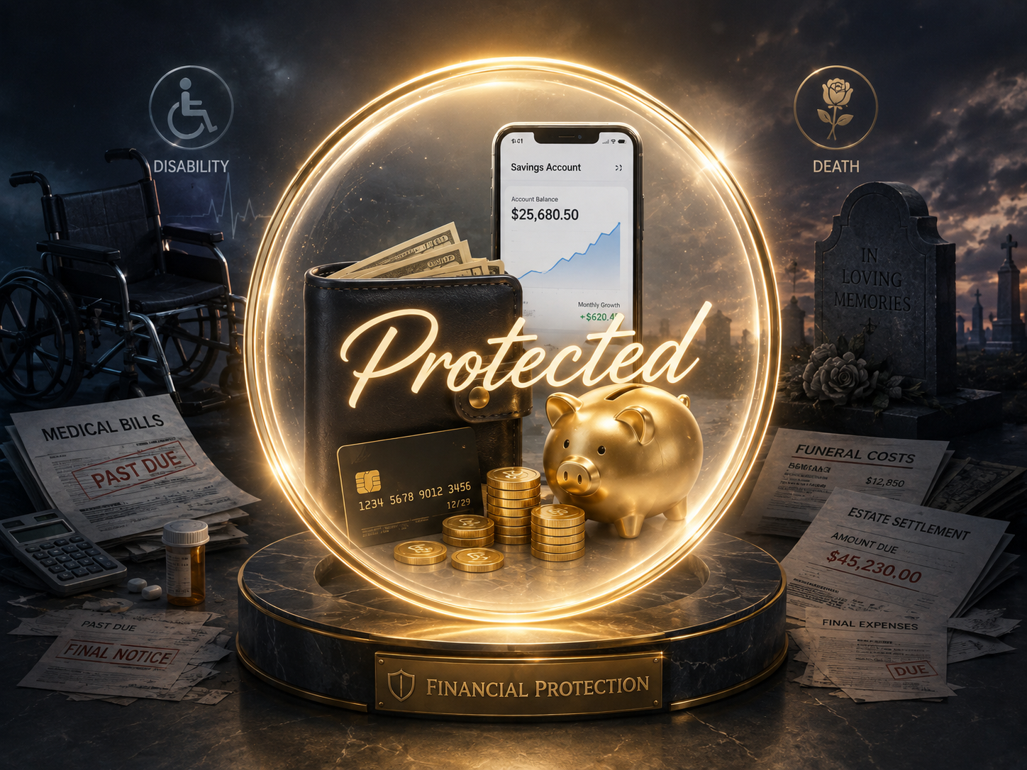 Digital illustration showing financial protection with a glowing circle, a wallet with cash, a smartphone displaying a growing savings graph, a gold piggy bank, coins, a credit card, and various medical and funeral bills, with a cemetery and wheelchair in the background.