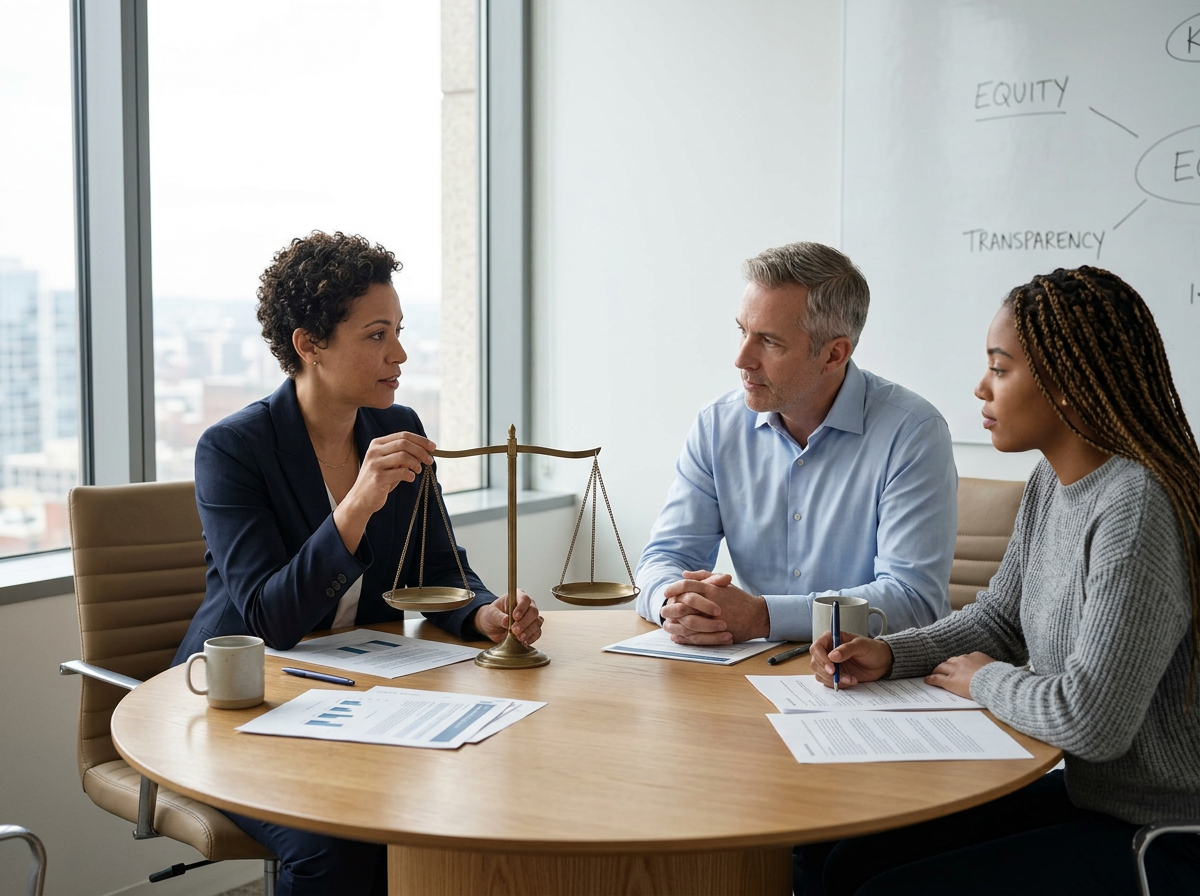 Three professionals having a serious discussion in an office meeting, with a woman holding scales of justice, a man and a woman listening attentively.