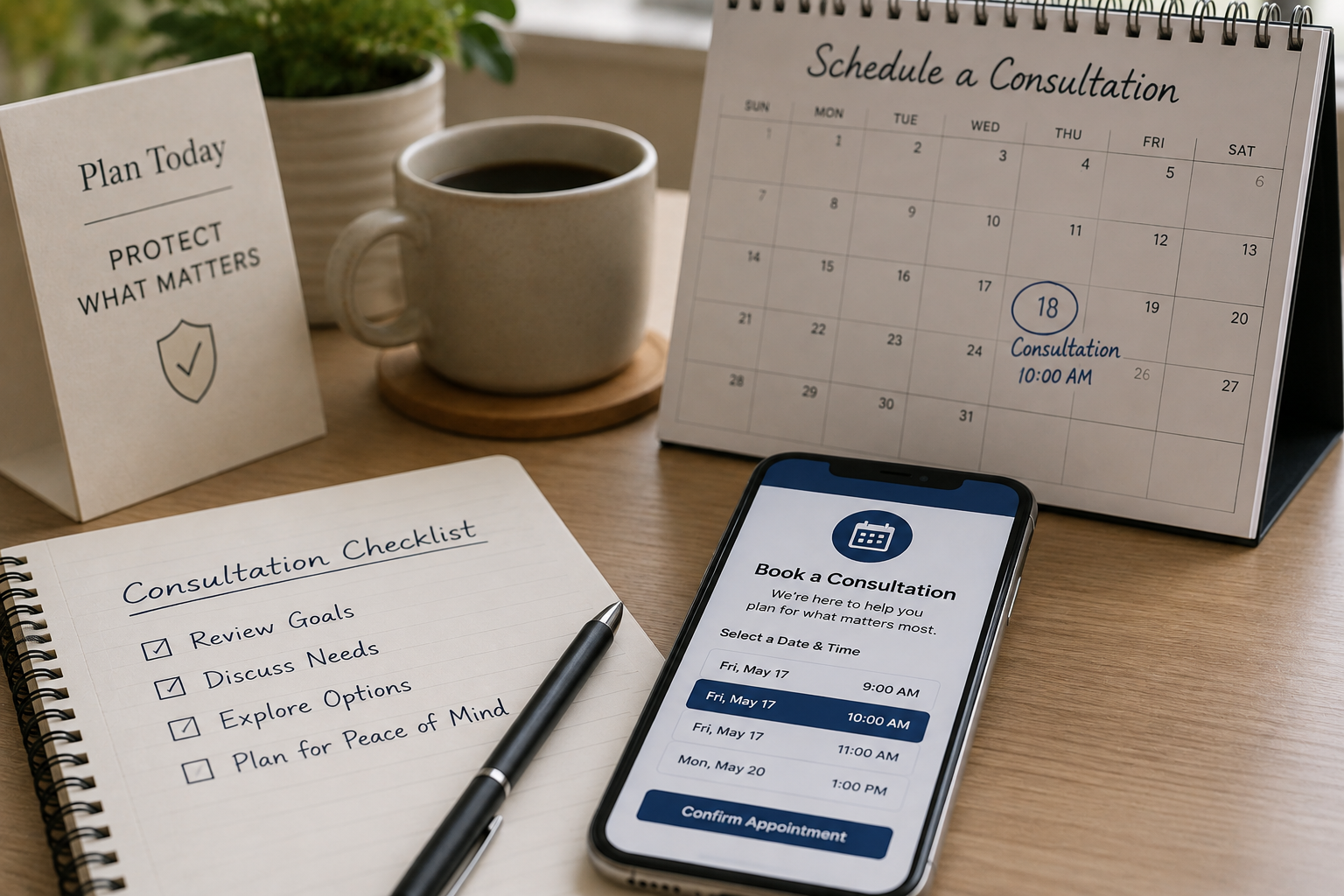 A desk scene with a coffee mug, a small plant, a sign saying "Plan Today Protect What Matters," a calendar marked for a consultation on the 18th at 10:00 AM, a consultation checklist for goal review, needs discussion, exploring options, and planning peace of mind, and a smartphone displaying an appointment booking app for scheduling a consultation on May 17th at 10:00 AM.