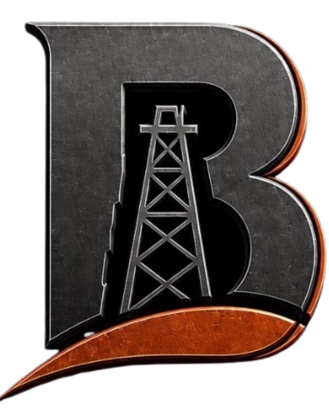 A stylized letter 'B' with an oil rig silhouette inside, featuring a textured, metal-like background and a copper-colored border.