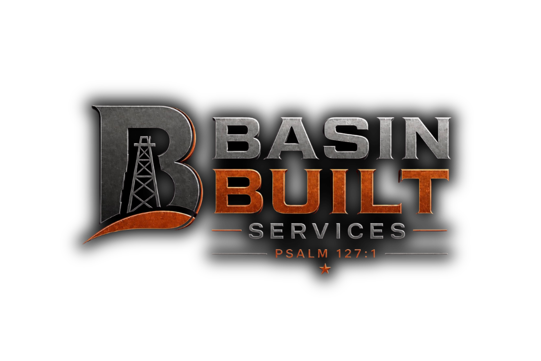 Logo for Basin Built Services with a metallic oil rig icon and the text 'Basin Built Services' and 'Psalm 127:1' on a black background.