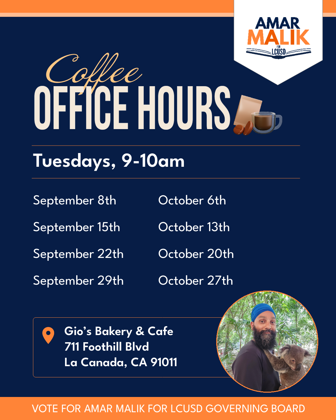Meet Amar Malik: weekly office hours, Tuesdays 9–10 am at Gio’s Bakery & Cafe, September 8 through October 27, 2026.